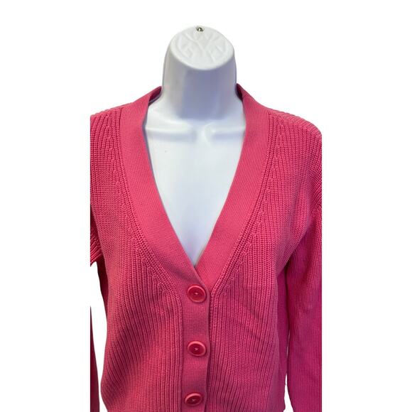 💗 Talbots US S Womens Pink Ribbed Knit V Neck Cardigan Sweater Classic Prep - Picture 2 of 4